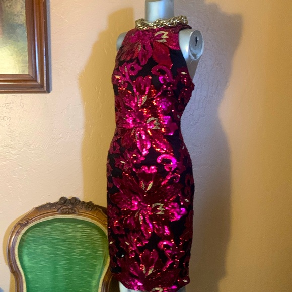 CACHE Black Pink Sequin High Neck Cocktail Dress.  Sz M - Picture 2 of 6